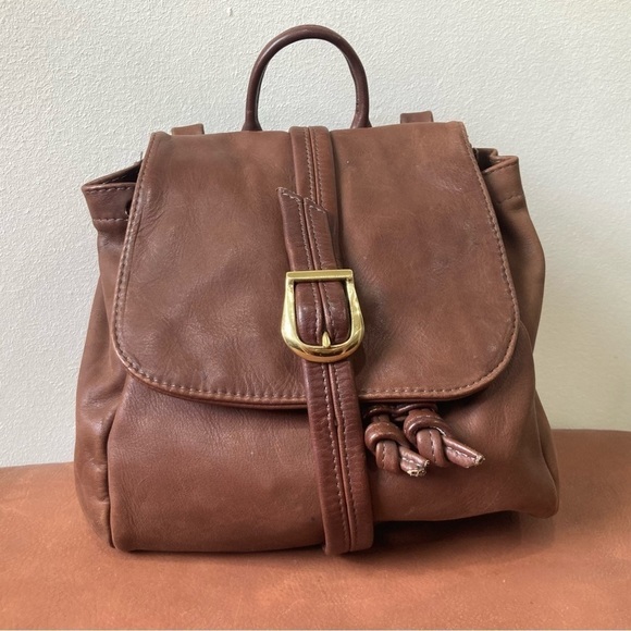 Vintage Walnut Brown Leather Fold Over Brass Backpack - Picture 1 of 9